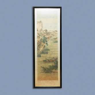 Chinese school, inkt en kleur op zijde, 18/19e eeuw: 'Theekransje op het water'